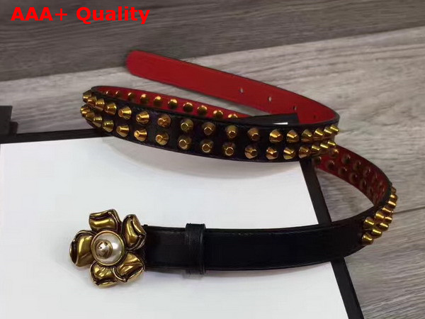 Gucci Studded Leather Belt in Black with Metal Flower Replica