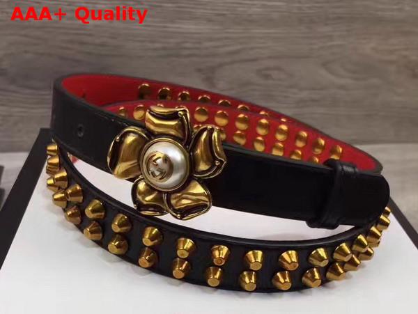 Gucci Studded Leather Belt in Black with Metal Flower Replica