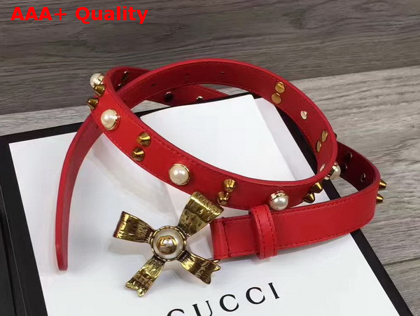 Gucci Studded Leather Belt in Red with Metal Bow Replica