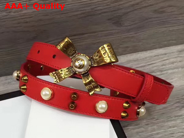 Gucci Studded Leather Belt in Red with Metal Bow Replica