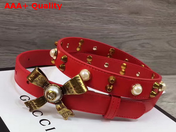 Gucci Studded Leather Belt in Red with Metal Bow Replica