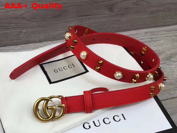 Gucci Studded Leather Belt in Red with Metal Double G Buckle Replica