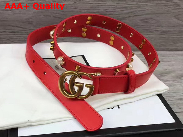 Gucci Studded Leather Belt in Red with Metal Double G Buckle Replica