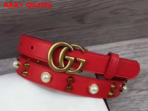 Gucci Studded Leather Belt in Red with Metal Double G Buckle Replica