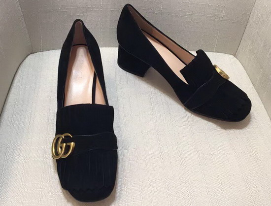 Gucci Suede Mid Heel Pump in Black Suede Leather 408208