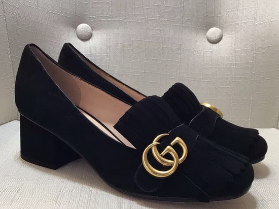 Gucci Suede Mid Heel Pump in Black Suede Leather 408208