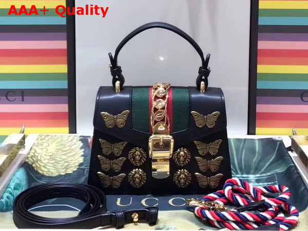 Gucci Sylvie Animal Studs Leather Mini Bag in Black Leather Replica