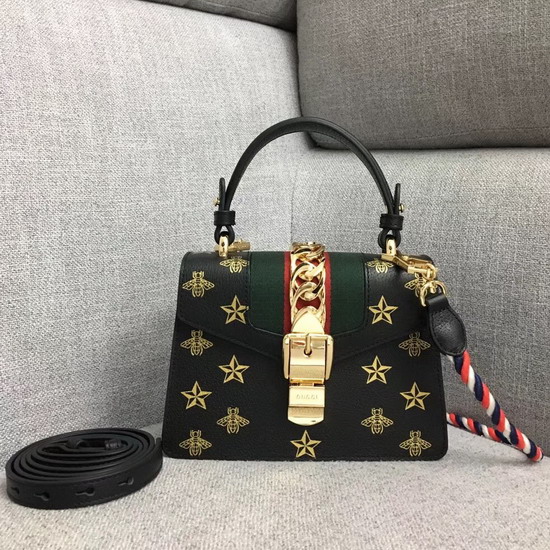 Gucci Sylvie Bee Star Mini Leather Bag Black Leather with Gold Bees and Stars Print 470270