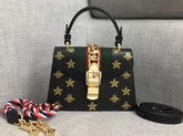 Gucci Sylvie Bee Star Mini Leather Bag Black Leather with Gold Bees and Stars Print 470270