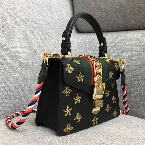 Gucci Sylvie Bee Star Mini Leather Bag Black Leather with Gold Bees and Stars Print 470270