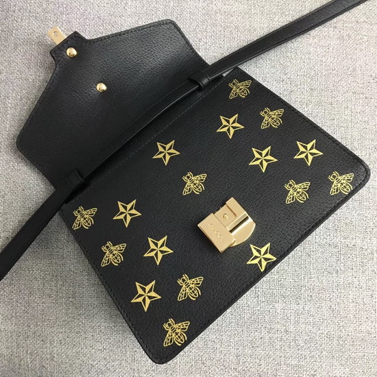 Gucci Sylvie Bee Star Mini Leather Bag Black Leather with Gold Bees and Stars Print 470270