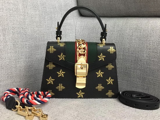 Gucci Sylvie Bee Star Mini Leather Bag Black Leather with Gold Bees and Stars Print 470270