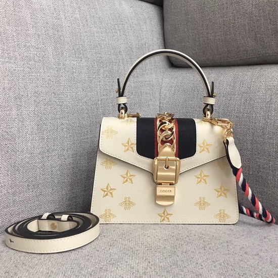 Gucci Sylvie Bee Star Mini Leather Bag White Leather with Gold Bees and Stars Print 470270