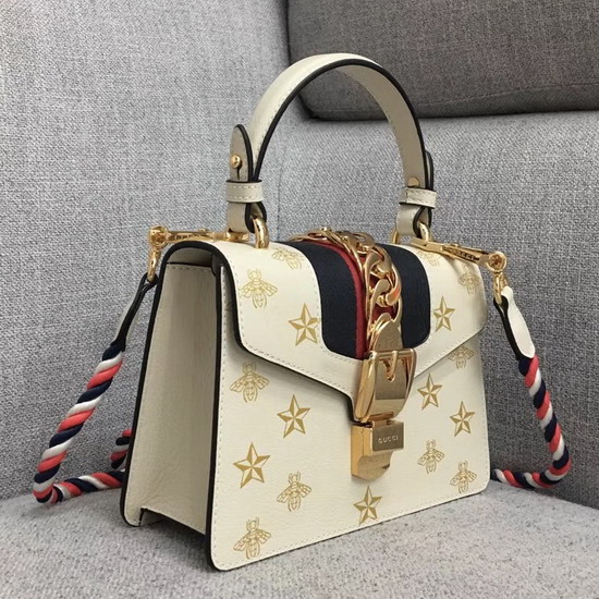 Gucci Sylvie Bee Star Mini Leather Bag White Leather with Gold Bees and Stars Print 470270