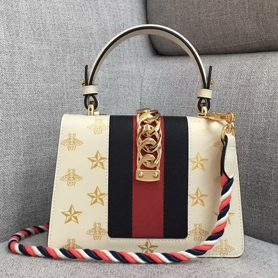 Gucci Sylvie Bee Star Mini Leather Bag White Leather with Gold Bees and Stars Print 470270