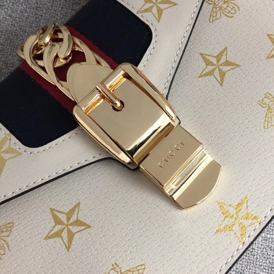 Gucci Sylvie Bee Star Mini Leather Bag White Leather with Gold Bees and Stars Print 470270