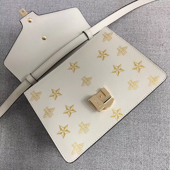 Gucci Sylvie Bee Star Mini Leather Bag White Leather with Gold Bees and Stars Print 470270