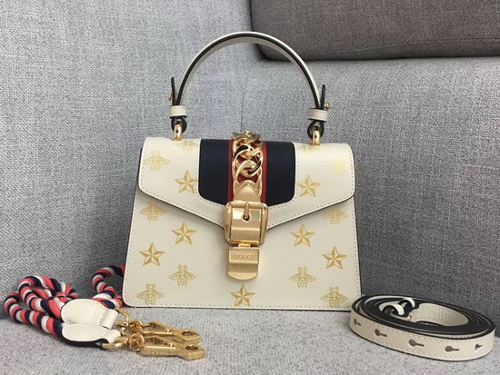 Gucci Sylvie Bee Star Mini Leather Bag White Leather with Gold Bees and Stars Print 470270