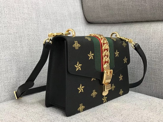 Gucci Sylvie Bee Star Small Shoulder Bag Black Leather with Gold Bees and Stars Print 524405