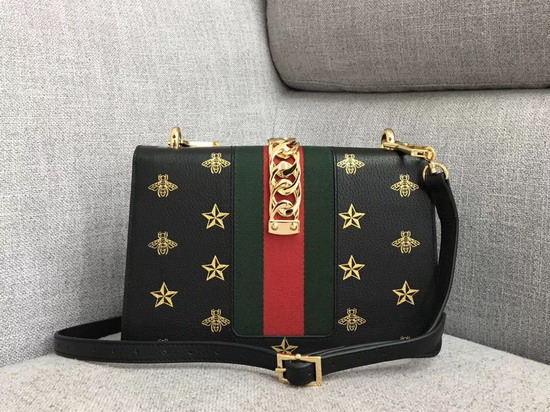 Gucci Sylvie Bee Star Small Shoulder Bag Black Leather with Gold Bees and Stars Print 524405