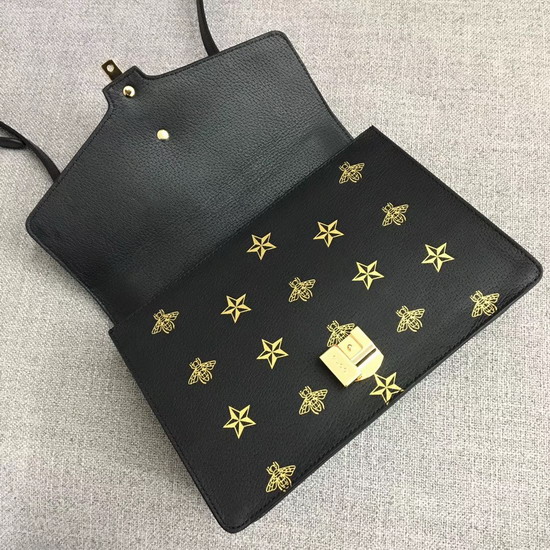 Gucci Sylvie Bee Star Small Shoulder Bag Black Leather with Gold Bees and Stars Print 524405