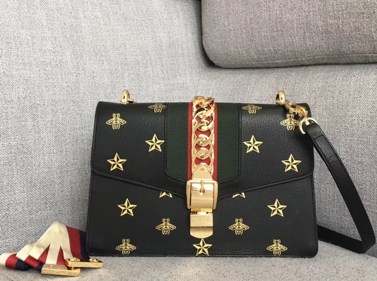 Gucci Sylvie Bee Star Small Shoulder Bag Black Leather with Gold Bees and Stars Print 524405