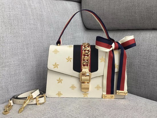 Gucci Sylvie Bee Star Small Shoulder Bag White Leather with Gold Bees and Stars Print 524405