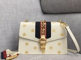 Gucci Sylvie Bee Star Small Shoulder Bag White Leather with Gold Bees and Stars Print 524405