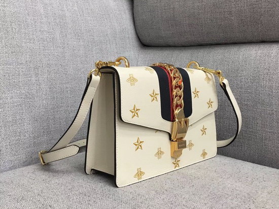 Gucci Sylvie Bee Star Small Shoulder Bag White Leather with Gold Bees and Stars Print 524405