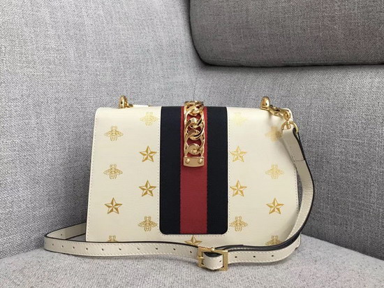 Gucci Sylvie Bee Star Small Shoulder Bag White Leather with Gold Bees and Stars Print 524405