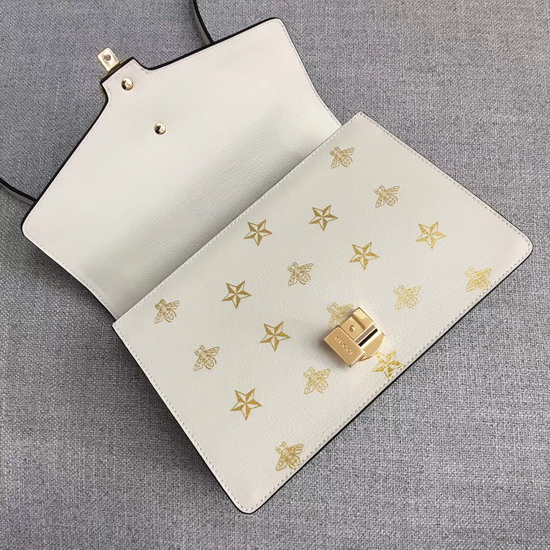 Gucci Sylvie Bee Star Small Shoulder Bag White Leather with Gold Bees and Stars Print 524405