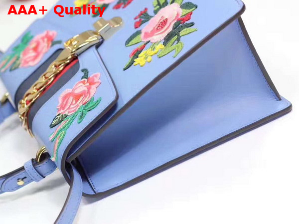 Gucci Sylvie Embroidered Leather Top Handle Bag in Light Blue Replica