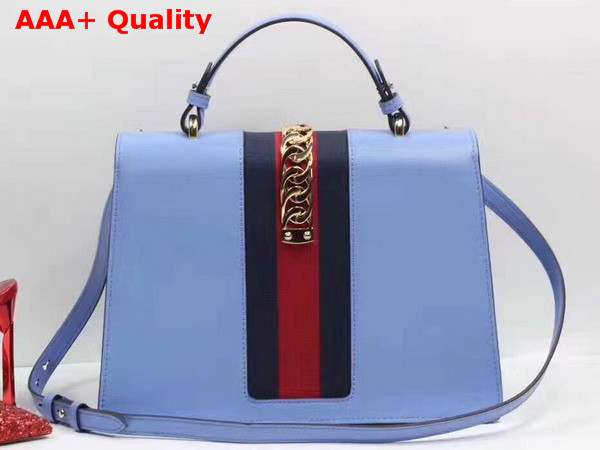 Gucci Sylvie Embroidered Leather Top Handle Bag in Light Blue Replica