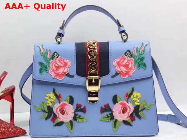 Gucci Sylvie Embroidered Leather Top Handle Bag in Light Blue Replica