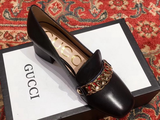 Gucci Sylvie Leather Mid Heel Pump in Black Leather 537539