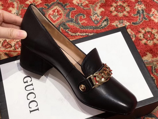 Gucci Sylvie Leather Mid Heel Pump in Black Leather 537539