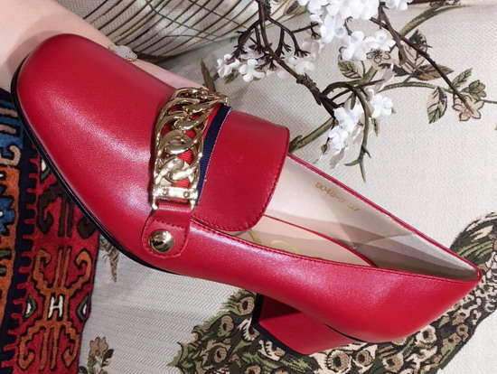 Gucci Sylvie Leather Mid Heel Pump in Red Leather 537539