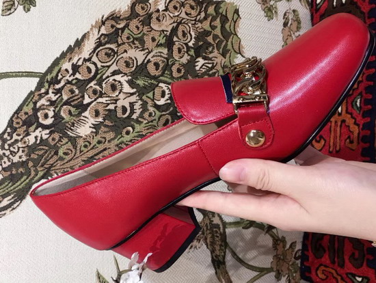 Gucci Sylvie Leather Mid Heel Pump in Red Leather 537539