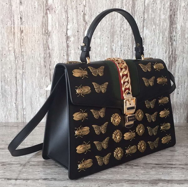 Gucci Sylvie Medium Top Handle Bag in Black Leather with Metal Animal Studs