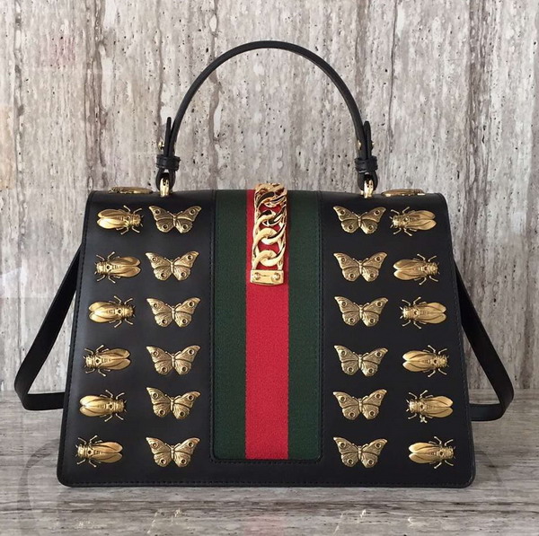 Gucci Sylvie Medium Top Handle Bag in Black Leather with Metal Animal Studs