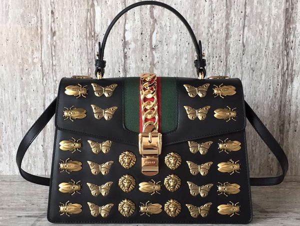 Gucci Sylvie Medium Top Handle Bag in Black Leather with Metal Animal Studs