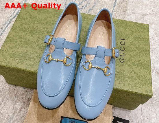 Gucci T Strap Leather Horsebit Loafer in Light Blue Replica