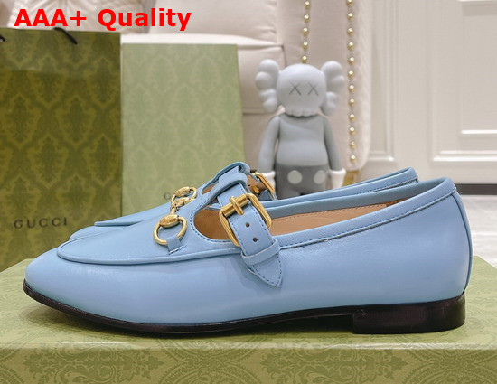 Gucci T Strap Leather Horsebit Loafer in Light Blue Replica