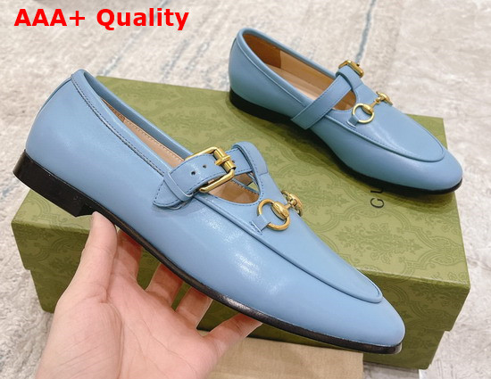 Gucci T Strap Leather Horsebit Loafer in Light Blue Replica