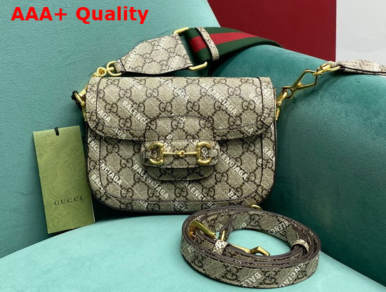 Gucci The Hacker Project Mini Gucci Horsebit 1955 Bag Beige and Ebony GG Supreme Canvas with White Balenciaga Print 658574 Replica