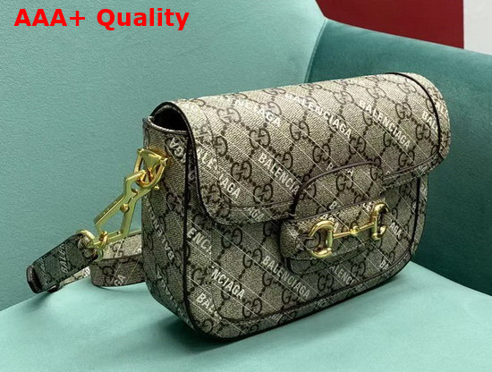 Gucci The Hacker Project Mini Gucci Horsebit 1955 Bag Beige and Ebony GG Supreme Canvas with White Balenciaga Print 658574 Replica