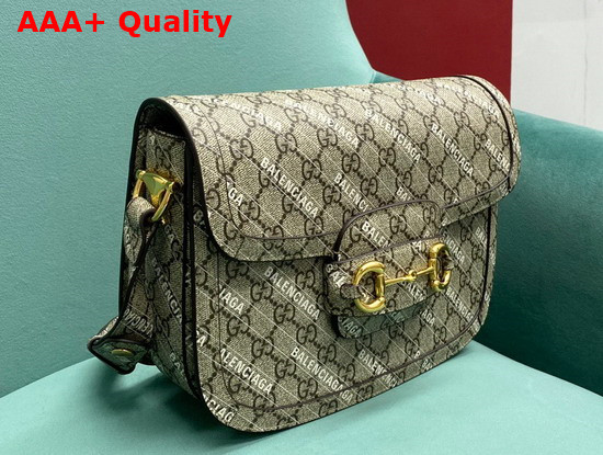 Gucci The Hacker Project Small Gucci Horsebit 1955 Bag Beige and Ebony GG Supreme Canvas with White Balenciaga Print 602204 Replica