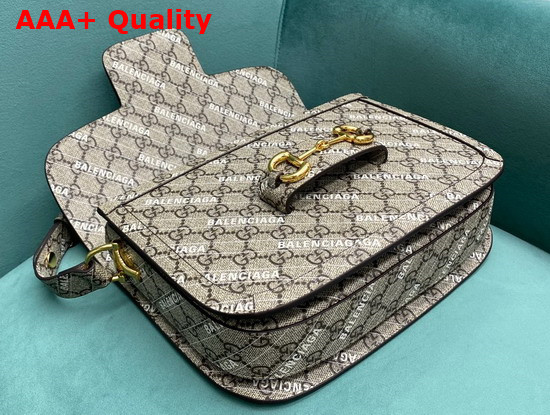 Gucci The Hacker Project Small Gucci Horsebit 1955 Bag Beige and Ebony GG Supreme Canvas with White Balenciaga Print 602204 Replica