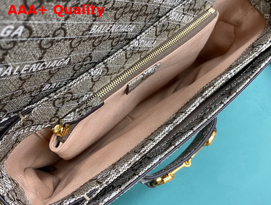 Gucci The Hacker Project Small Gucci Horsebit 1955 Bag Beige and Ebony GG Supreme Canvas with White Balenciaga Print 602204 Replica