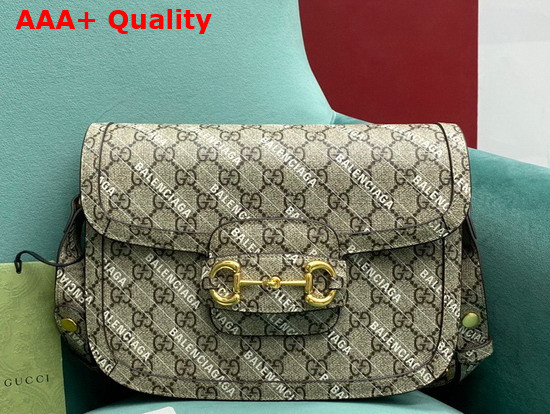 Gucci The Hacker Project Small Gucci Horsebit 1955 Bag Beige and Ebony GG Supreme Canvas with White Balenciaga Print 602204 Replica